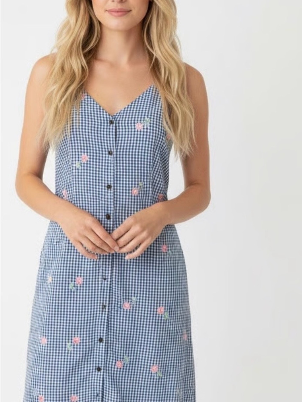 Anthropology Everly Gingham Floral Button-Front Slip Dress 100% Cotton